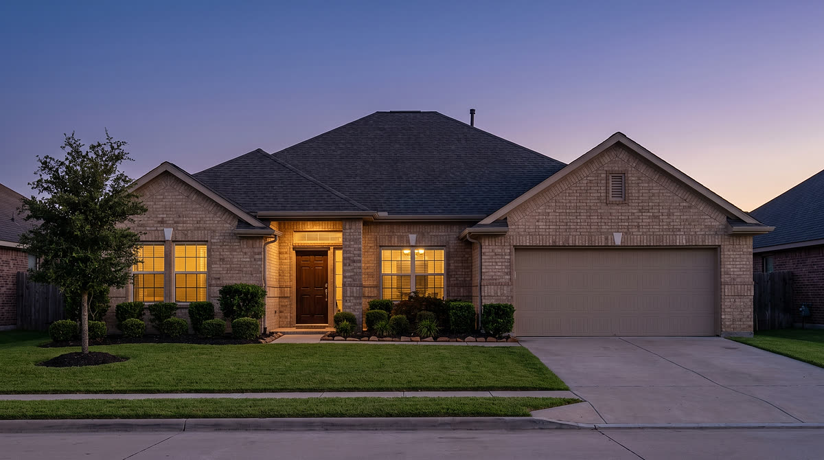 Visualization of a single-storey Texas brick ranch at dusk with no roofline lighting