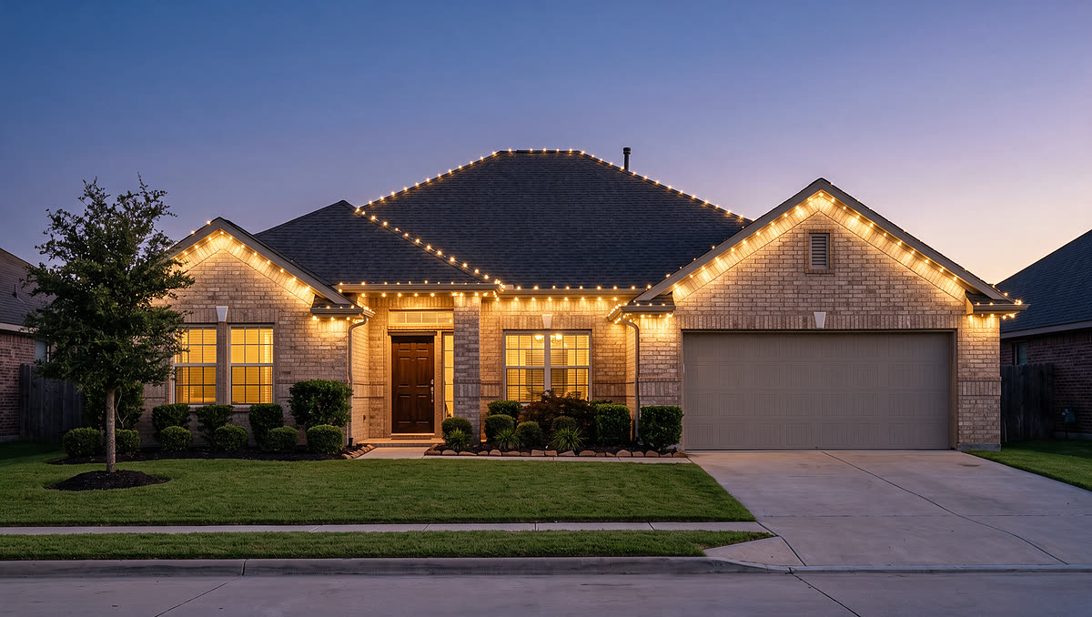 The same home with its permanent roofline lighting switched on