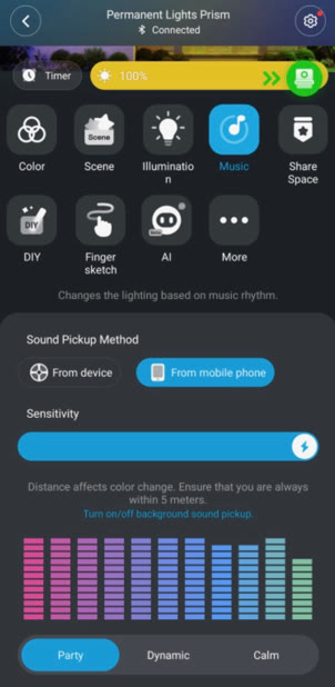The lighting app showing music sync: a colour equaliser reacting to sound, with Party, Dynamic and Calm modes