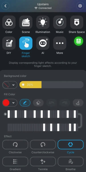 The lighting app showing finger sketch: individual bulbs drawn on and off along the run, with Twinkle, Gradient and Breathe effects