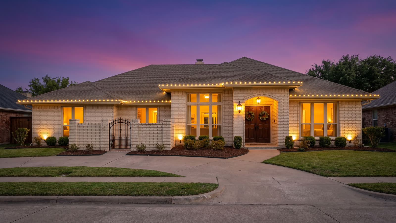 The same home after dark with its permanent roofline lighting switched on